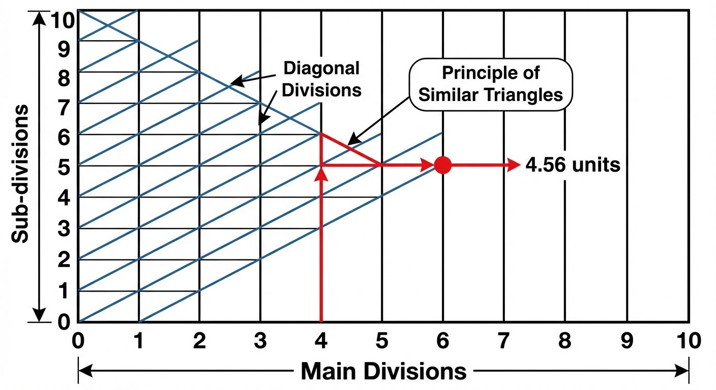 An educational diagram explaining the construction of a Diagonal Scale. The image should show a rect...