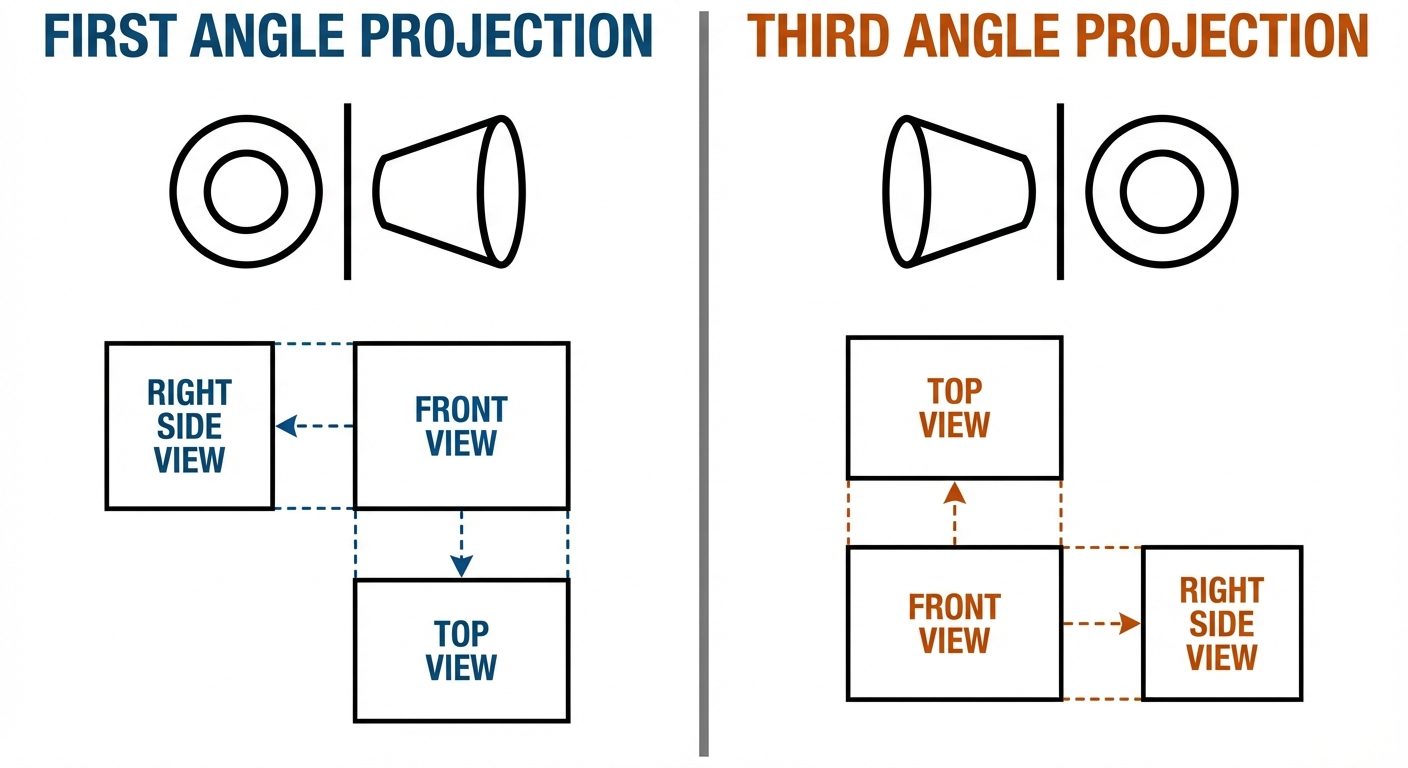 A comparative split-panel diagram showing First Angle vs. Third Angle Projection layouts side-by-sid...