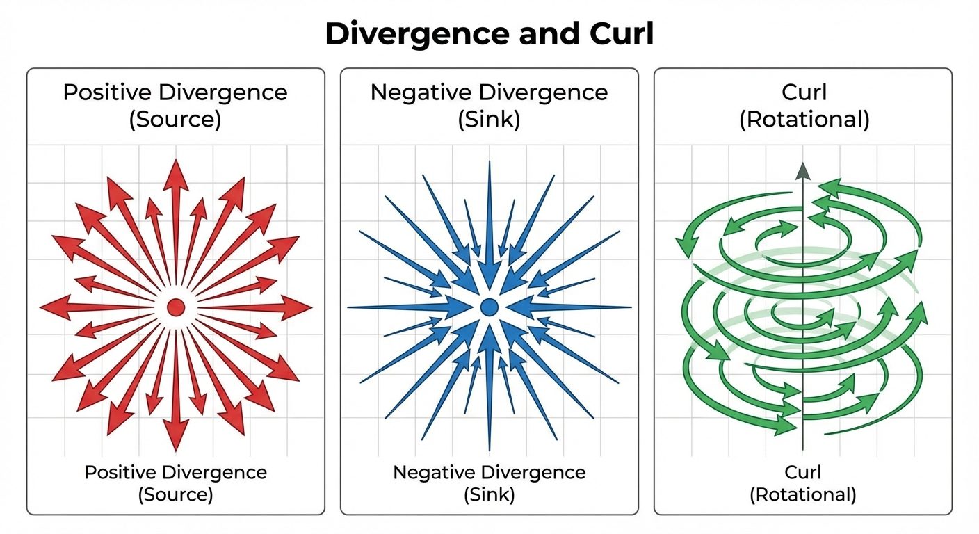 A three-part conceptual diagram illustrating Divergence and Curl side-by-side. 
Left panel labeled "...