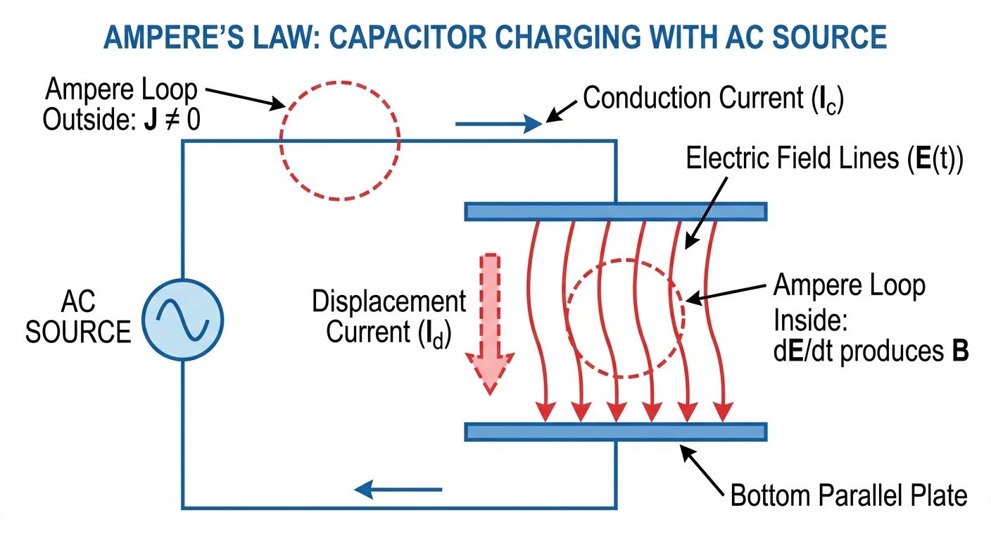 A detailed schematic diagram of a parallel plate capacitor circuit being charged by an AC source. 
T...