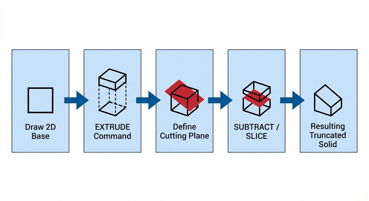 A flowchart diagram showing the workflow for "Creating a Truncated 3D Solid in AutoCAD". Step 1: "Dr...