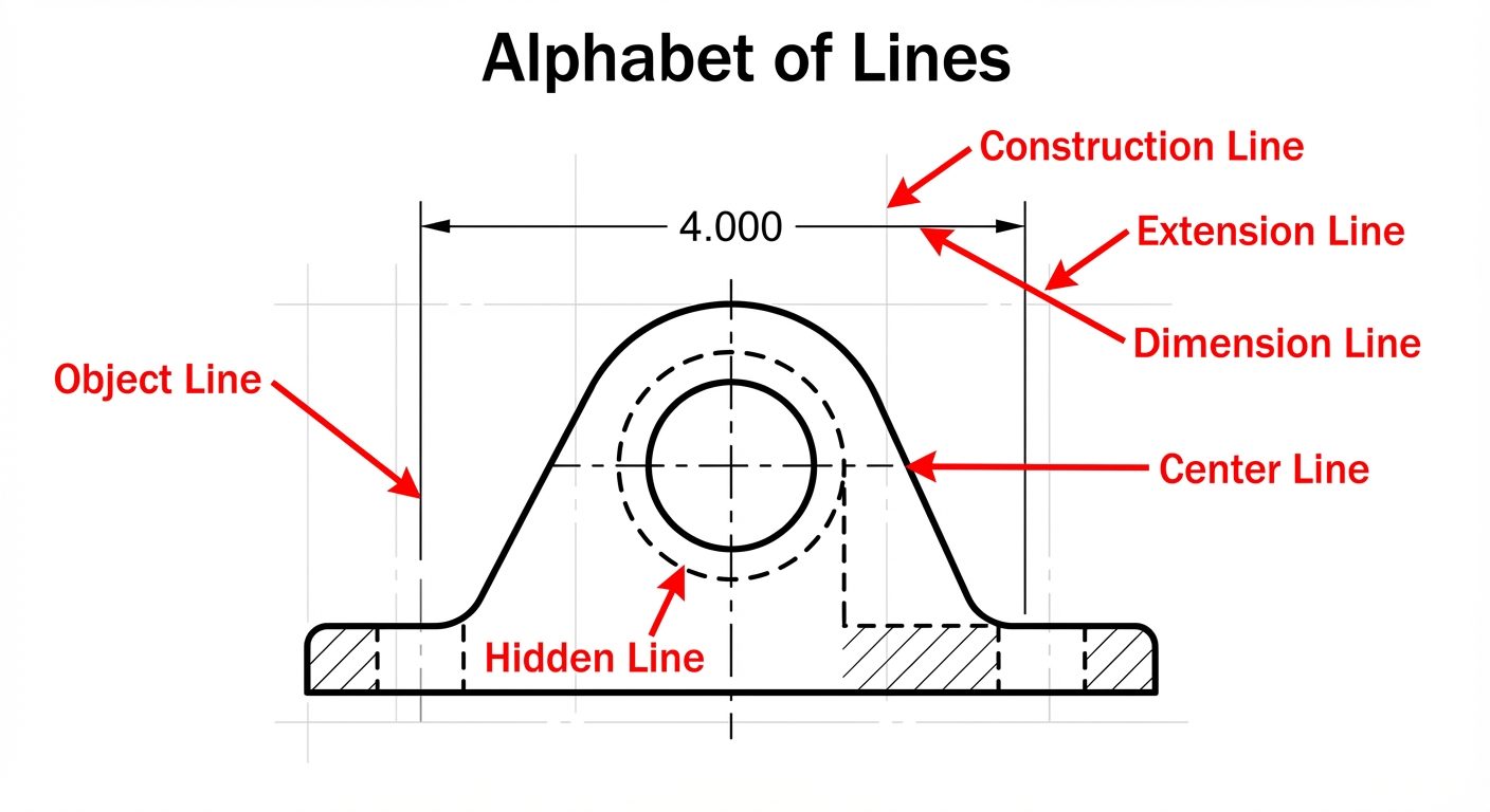 A technical diagram illustrating the "Alphabet of Lines" applied to a mechanical object, such as a f...