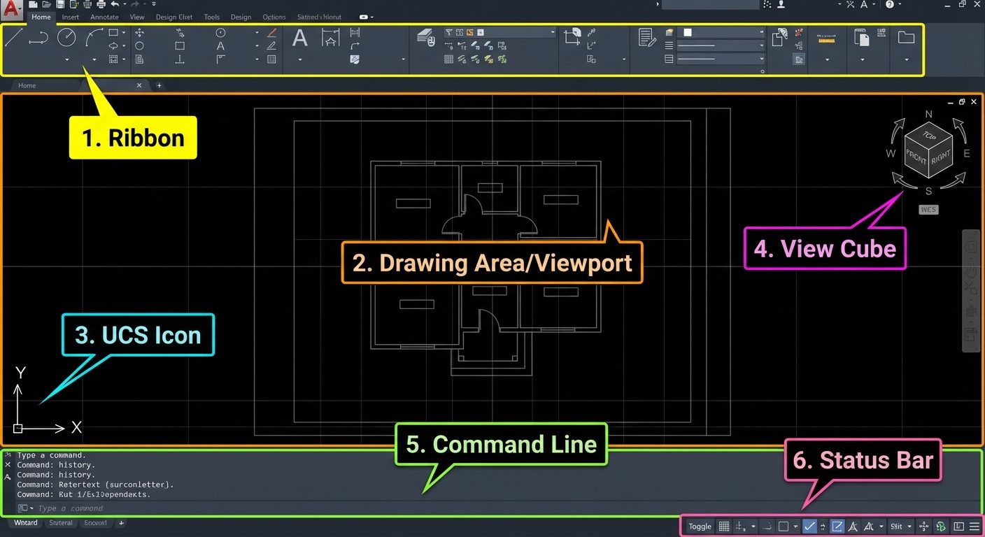 A labeled wireframe mockup or screenshot simulation of the AutoCAD user interface. Clearly label the...