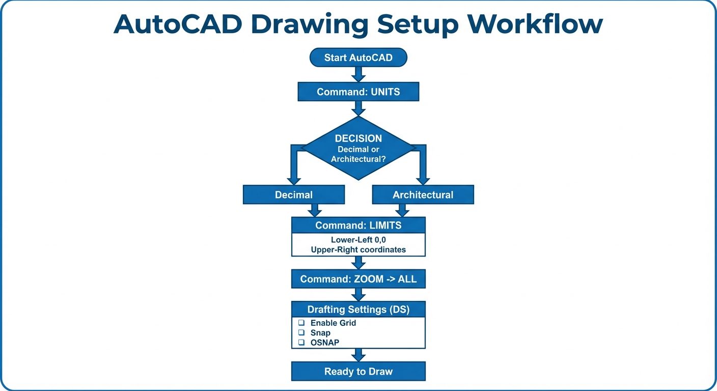 A flowchart visualization of the AutoCAD Drawing Setup workflow. Rectangular blocks connected by arr...