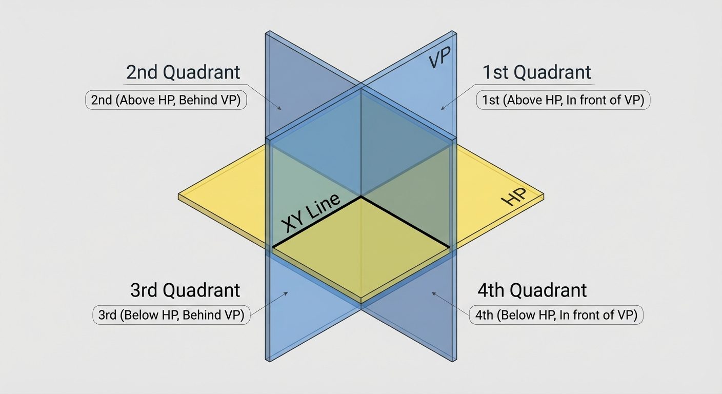 A 3D isometric diagram illustrating the system of Four Quadrants in engineering drawing. Show two in...