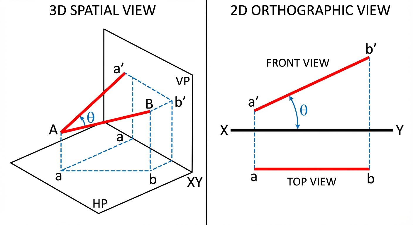 A split-view educational diagram showing the projection of a Line Inclined to HP and Parallel to VP....