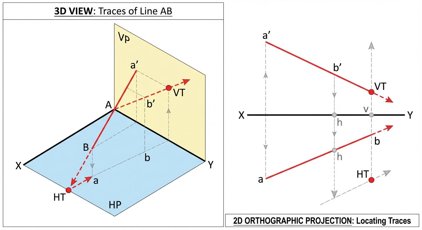 A technical diagram explaining Horizontal Trace (HT) and Vertical Trace (VT). Show a 3D view of a li...
