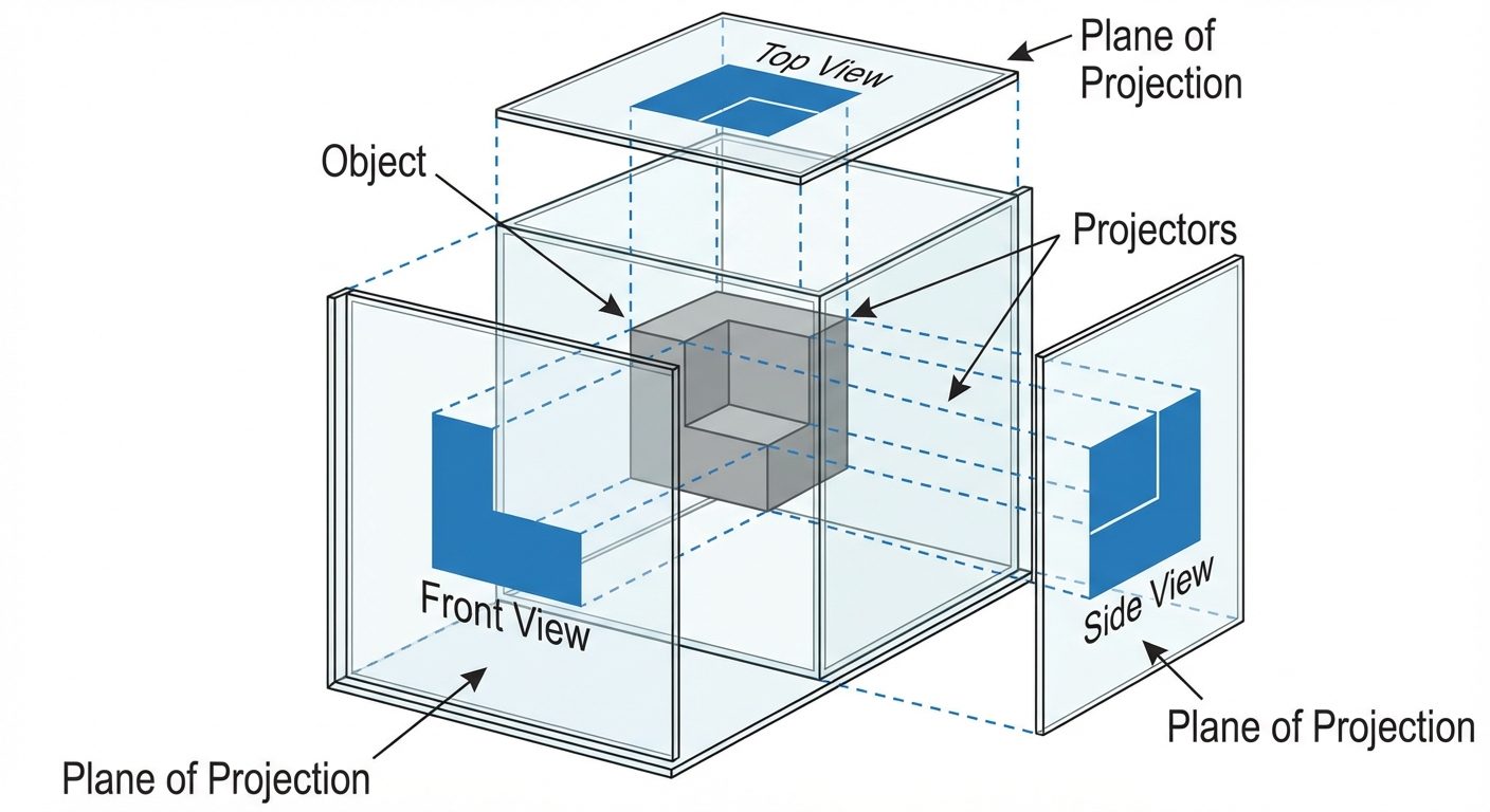 A detailed educational diagram illustrating the 'Glass Box' concept of orthographic projection. The ...