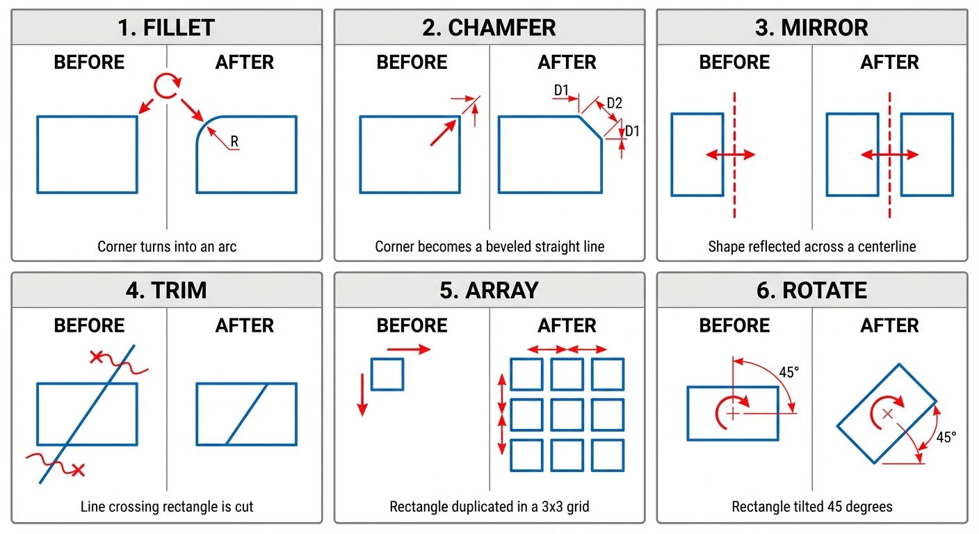 A technical infographic visualizing AutoCAD Modify commands applied to a simple rectangle. The image...