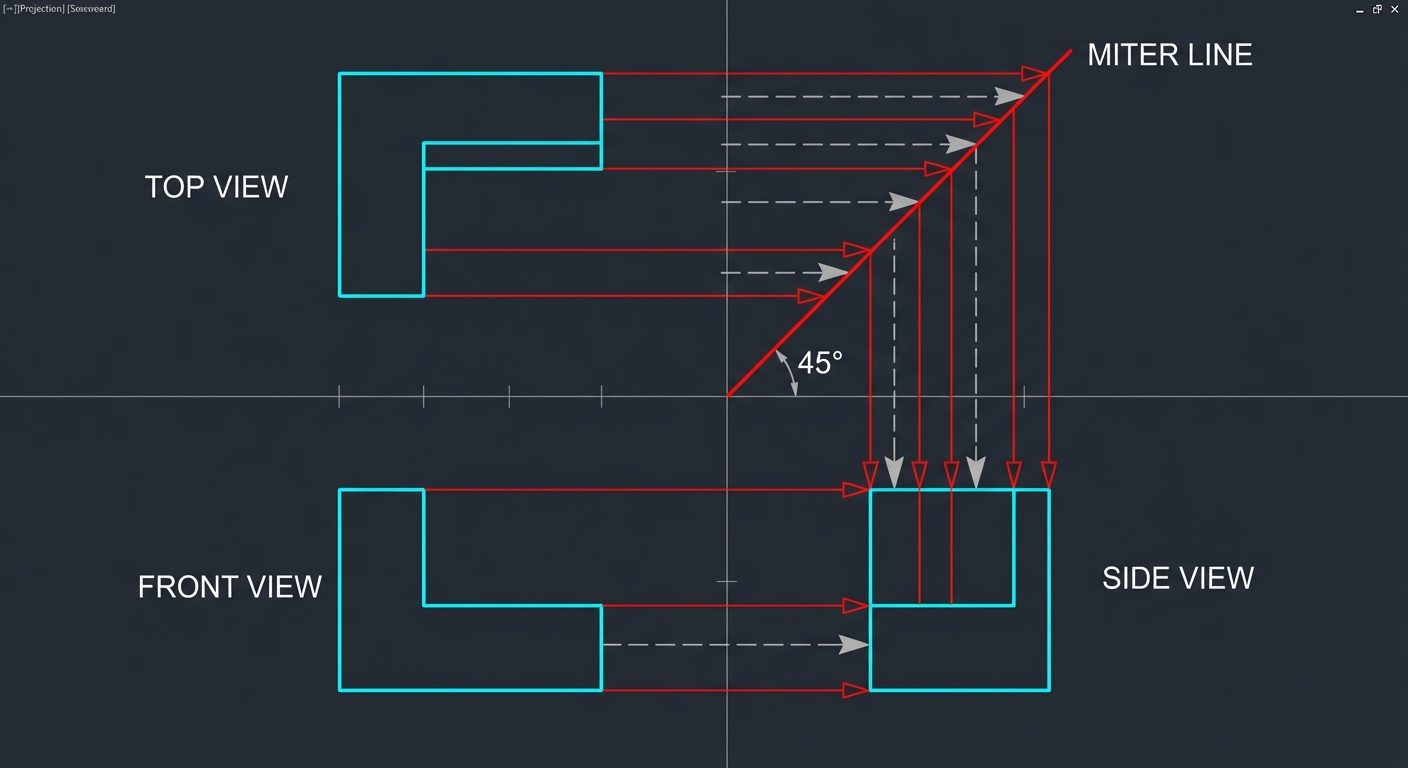A technical diagram demonstrating the "Miter Line" projection method in AutoCAD. The layout shows th...