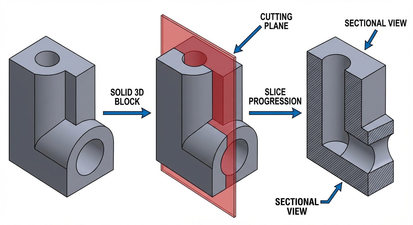 A 3D educational diagram illustrating the "Cutting Plane" concept. On the left, show a solid 3D mech...