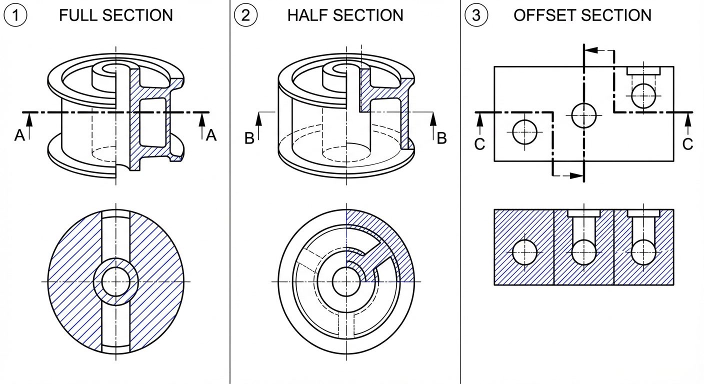 A comparative technical illustration showing three types of sectional views side-by-side. Panel 1: "...