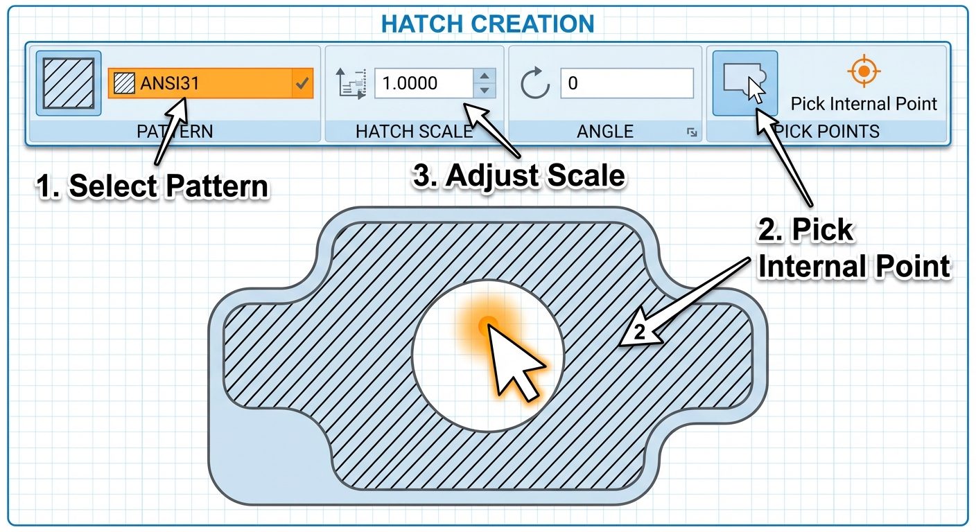 A detailed screenshot diagram of the AutoCAD Hatch Creation process. The image should show the "Hatc...