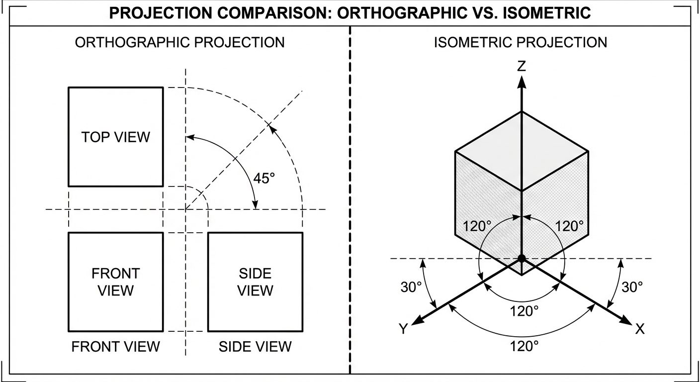 A detailed technical comparison diagram. The left side shows "Orthographic Projection" with 2D Top, ...