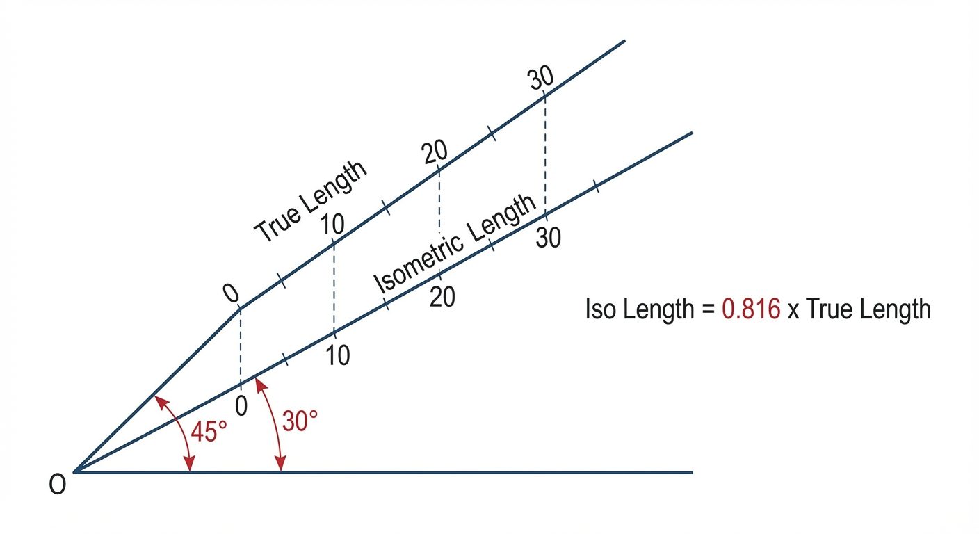 A geometric construction diagram showing the determination of the Isometric Scale. A horizontal base...