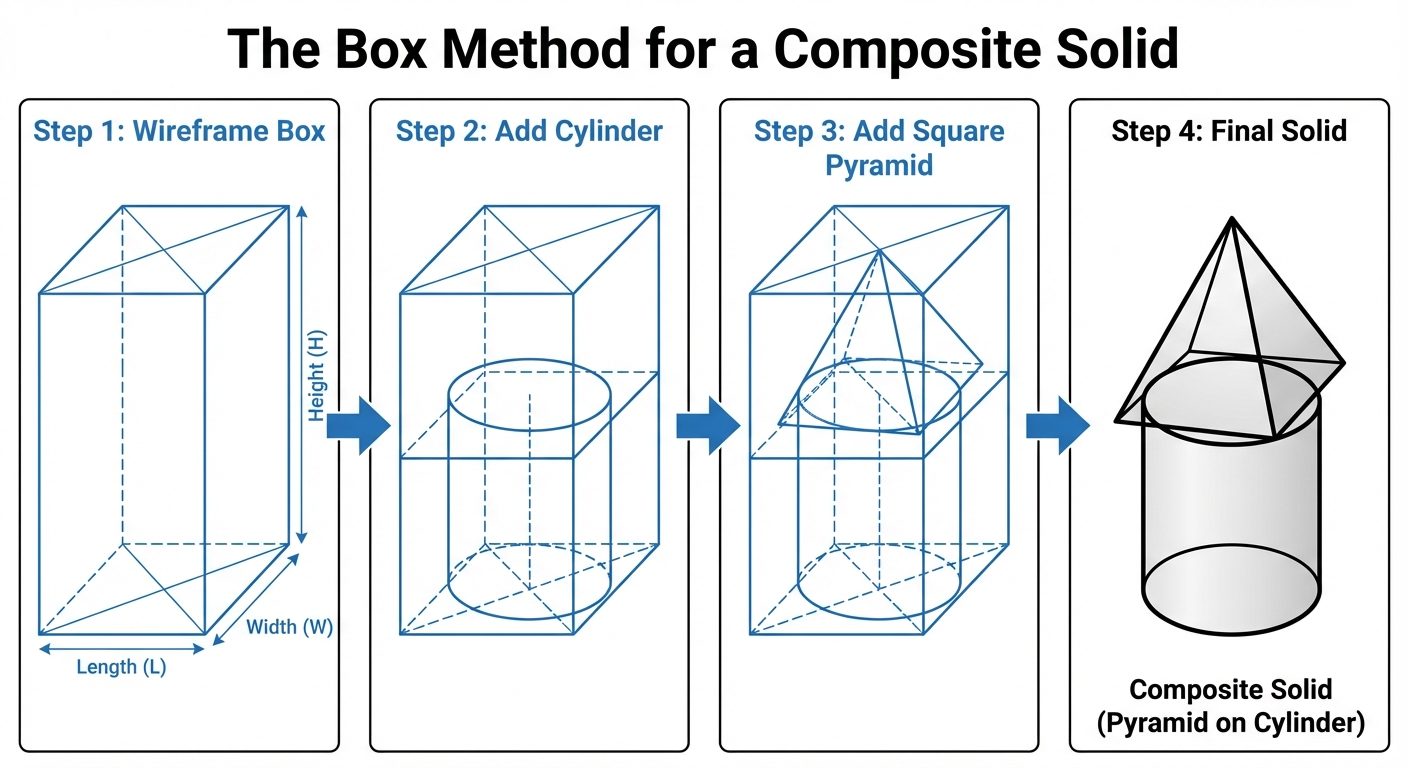 A step-by-step visual guide of the "Box Method" for a composite solid. Step 1: A wireframe rectangul...