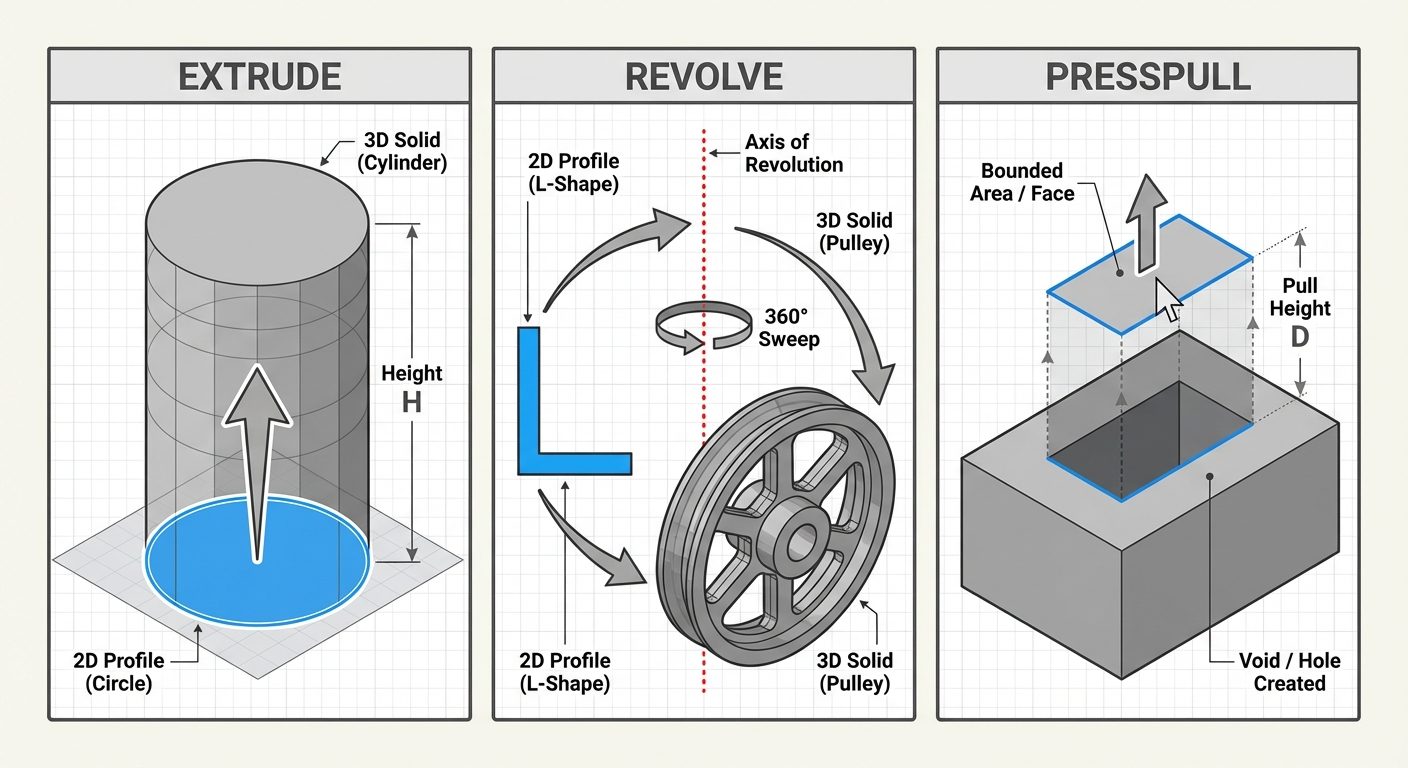 A three-panel technical illustration showing AutoCAD 3D operations. Panel 1 (Extrude): A blue 2D cir...
