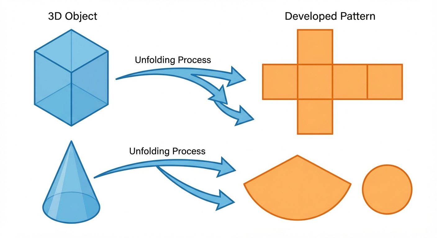 A comparative educational illustration showing the concept of Surface Development. On the left, a tr...