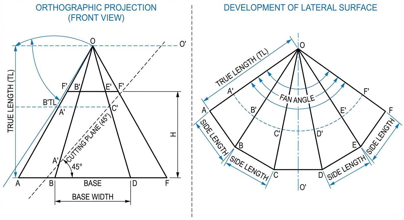 A detailed technical diagram illustrating the Radial Line Method for a Truncated Hexagonal Pyramid. ...