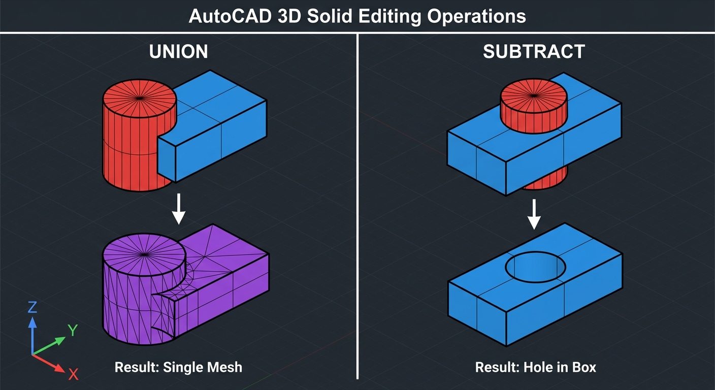 A split-screen visualization of AutoCAD 3D Solid Editing operations. Panel 1 (Left) titled "UNION": ...