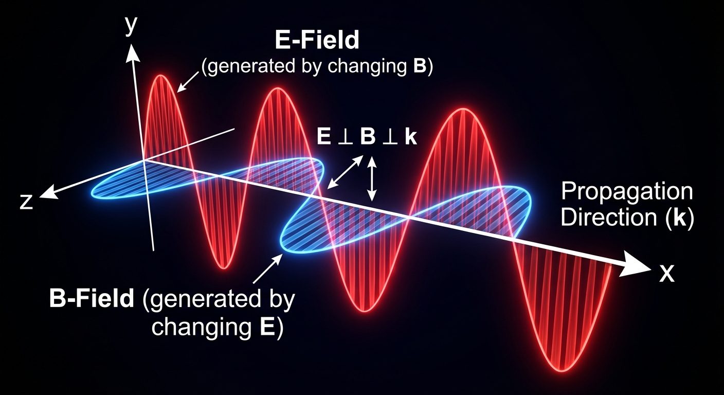A conceptual 3D visualization of an Electromagnetic Wave propagating in space to illustrate the sign...