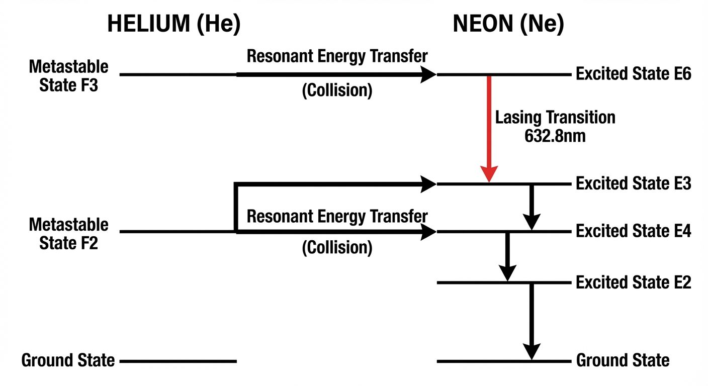 An energy level diagram comparing Helium and Neon levels side-by-side. 
Left side (Helium): Show Gro...