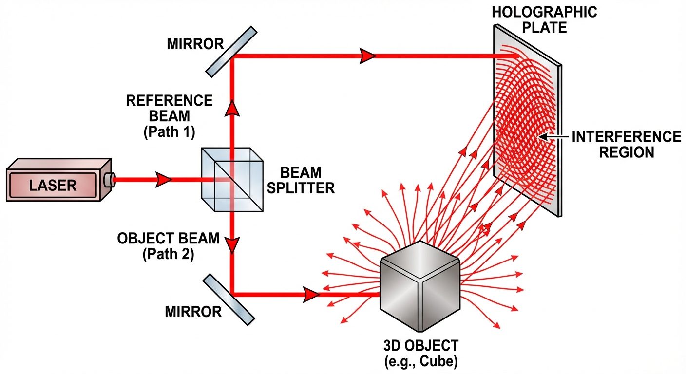 A schematic diagram of the Holography Construction (Recording) setup.
Show a "Laser" source on the l...