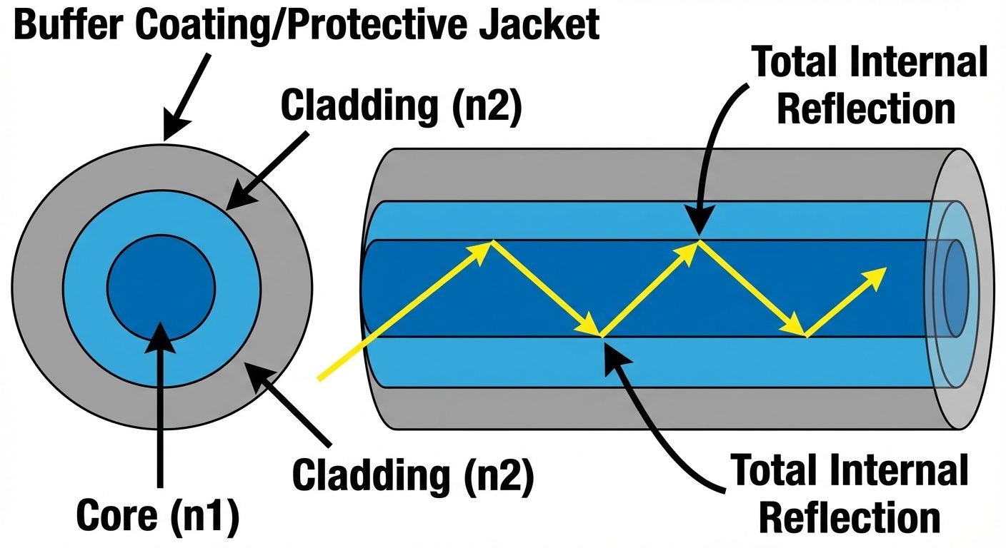 A detailed cross-sectional diagram of an optical fiber structure. The image should show three concen...