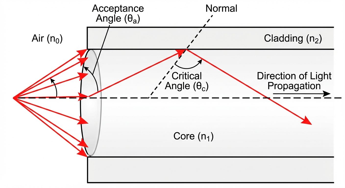A geometric diagram illustrating the Acceptance Angle and Numerical Aperture. The diagram shows the ...