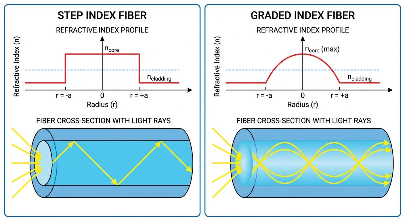 A comparison diagram containing two panels side-by-side. Left Panel: "Step Index Fiber". Shows a rec...