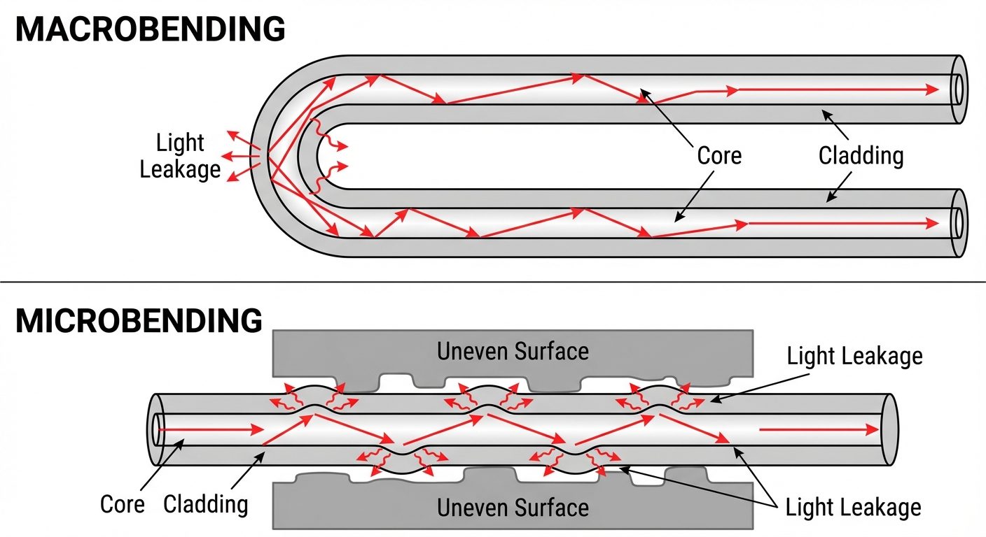 A diagram illustrating Bending Losses in optical fibers. Split into two sections. Top section: "Macr...