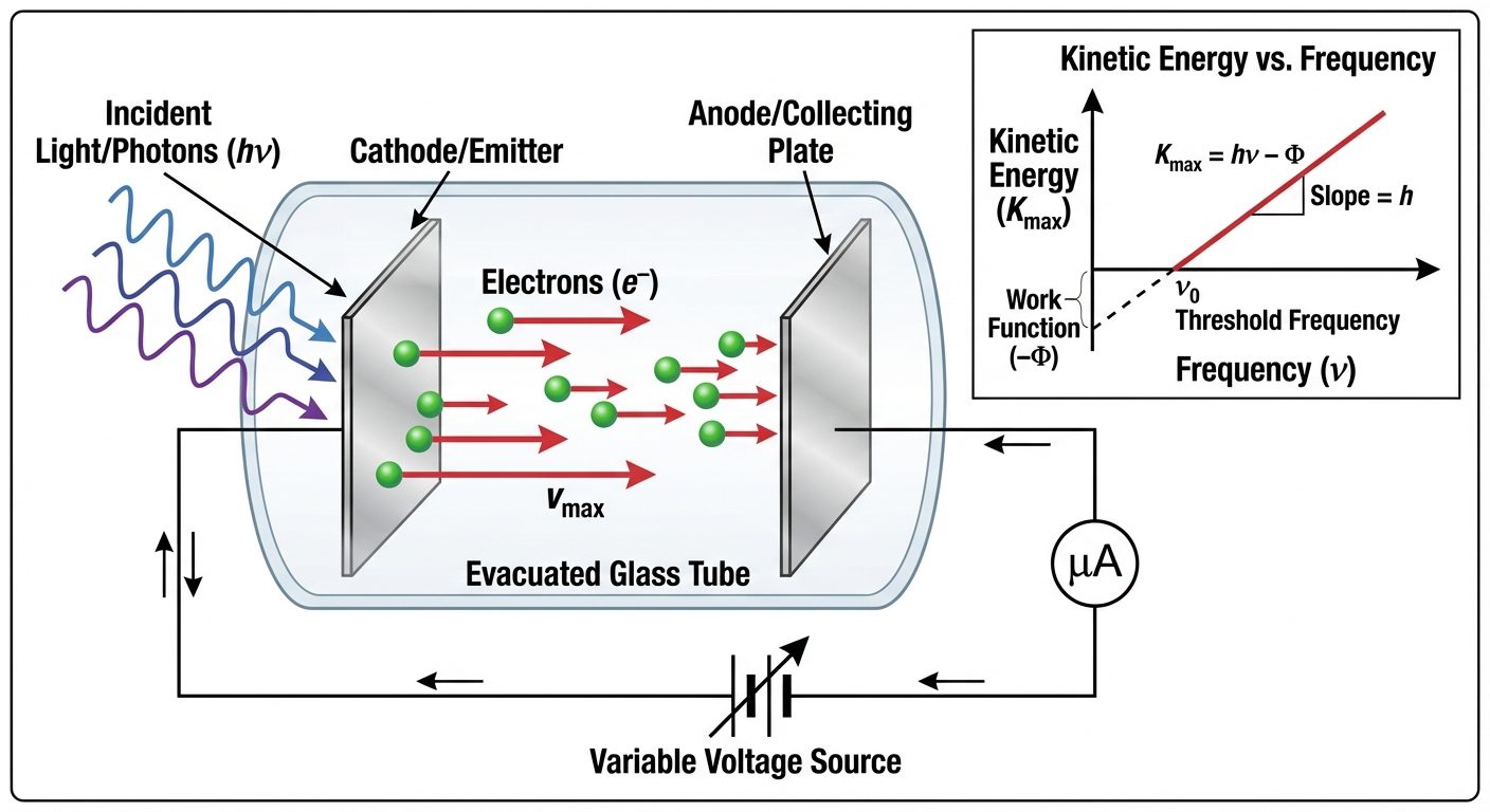A detailed schematic diagram illustrating the Photoelectric Effect. On the left, show a metal surfac...