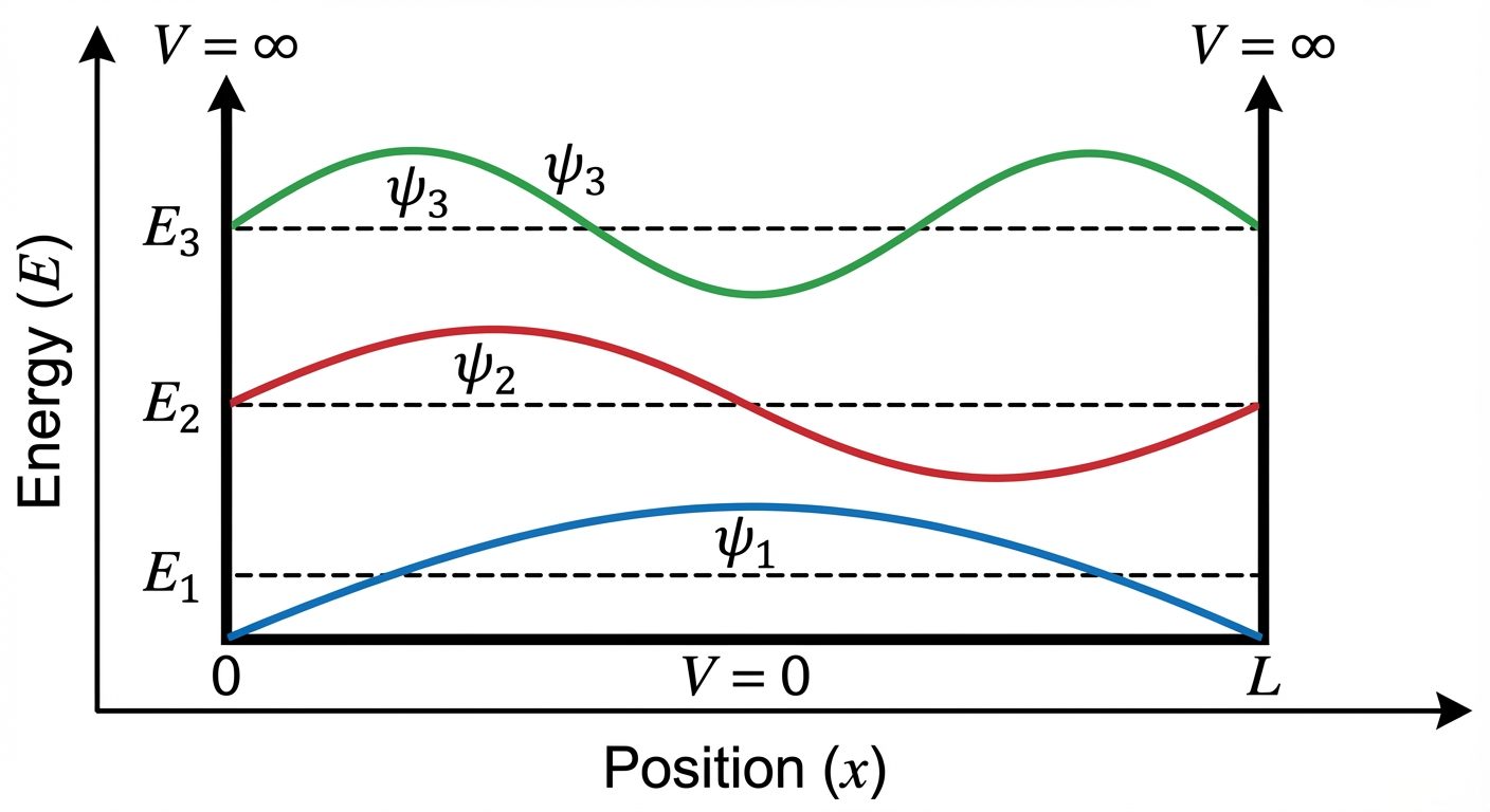 Diagram of a Particle in a 1D Box (Infinite Potential Well). The diagram should show a U-shaped pote...