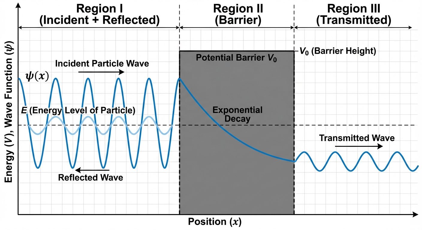 A diagram illustrating Quantum Tunneling. From left to right: show a sinusoidal wave (incident parti...