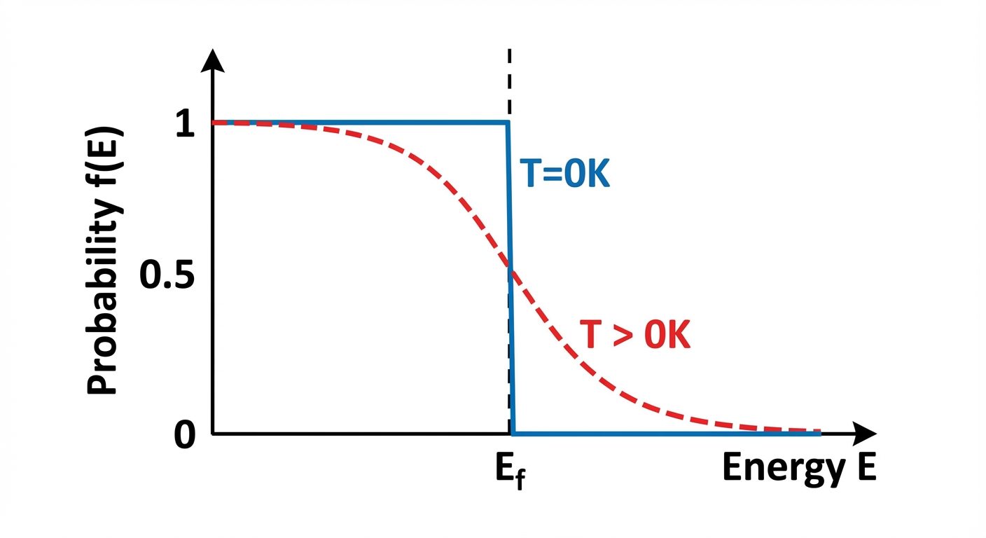A 2D plot showing the Fermi-Dirac distribution function f(E) versus Energy (E). The Y-axis represent...