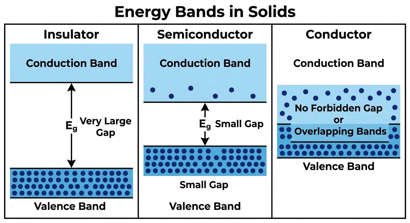 A comparison diagram consisting of three side-by-side vertical panels labeled 'Insulator', 'Semicond...