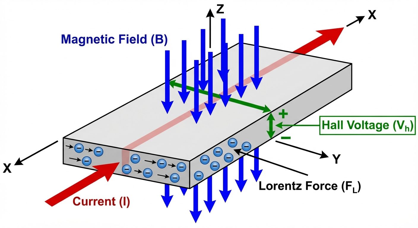 A 3D block diagram illustrating the Hall Effect. A rectangular slab of conductive material. Show an ...