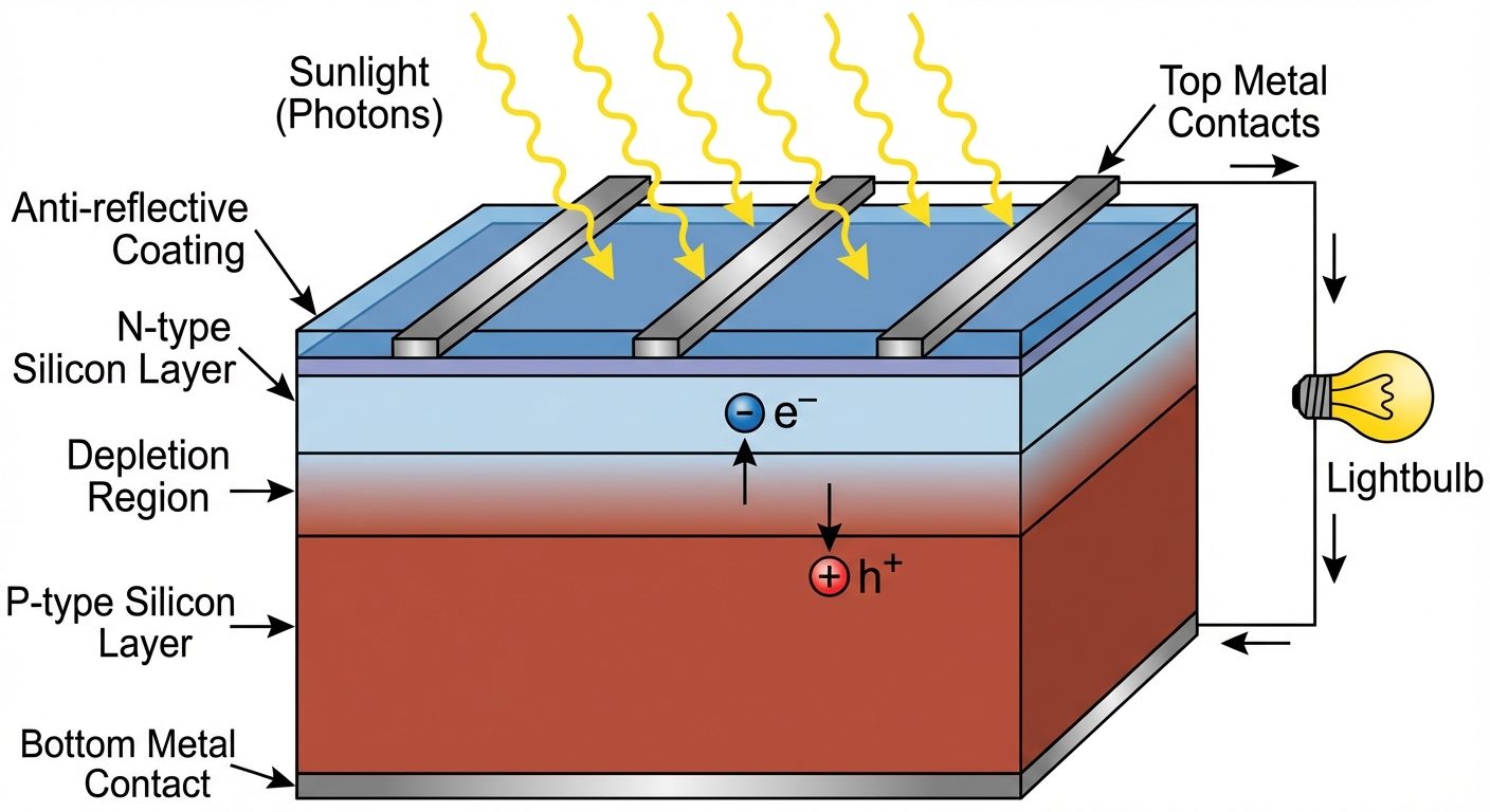 A cross-sectional diagram of a Solar Cell. The diagram shows layers from top to bottom: 1) Anti-refl...