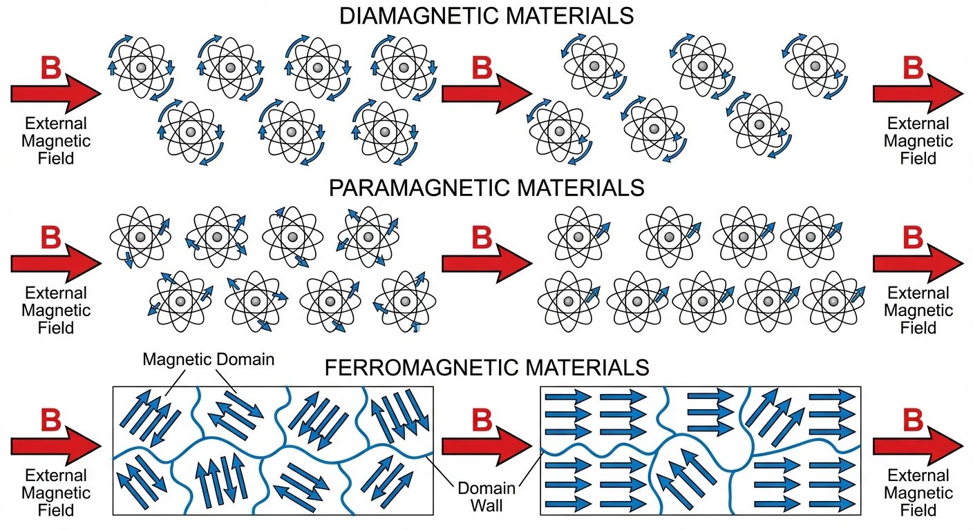 A detailed comparative diagram divided into three horizontal panels representing Diamagnetic, Parama...