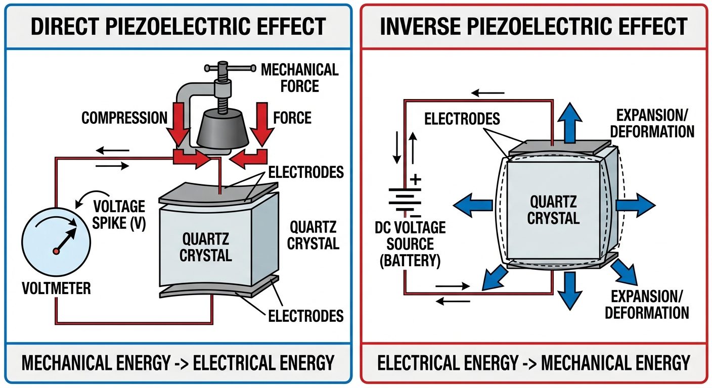 A technical illustration showing the Direct and Inverse Piezoelectric Effects side-by-side. Left sid...