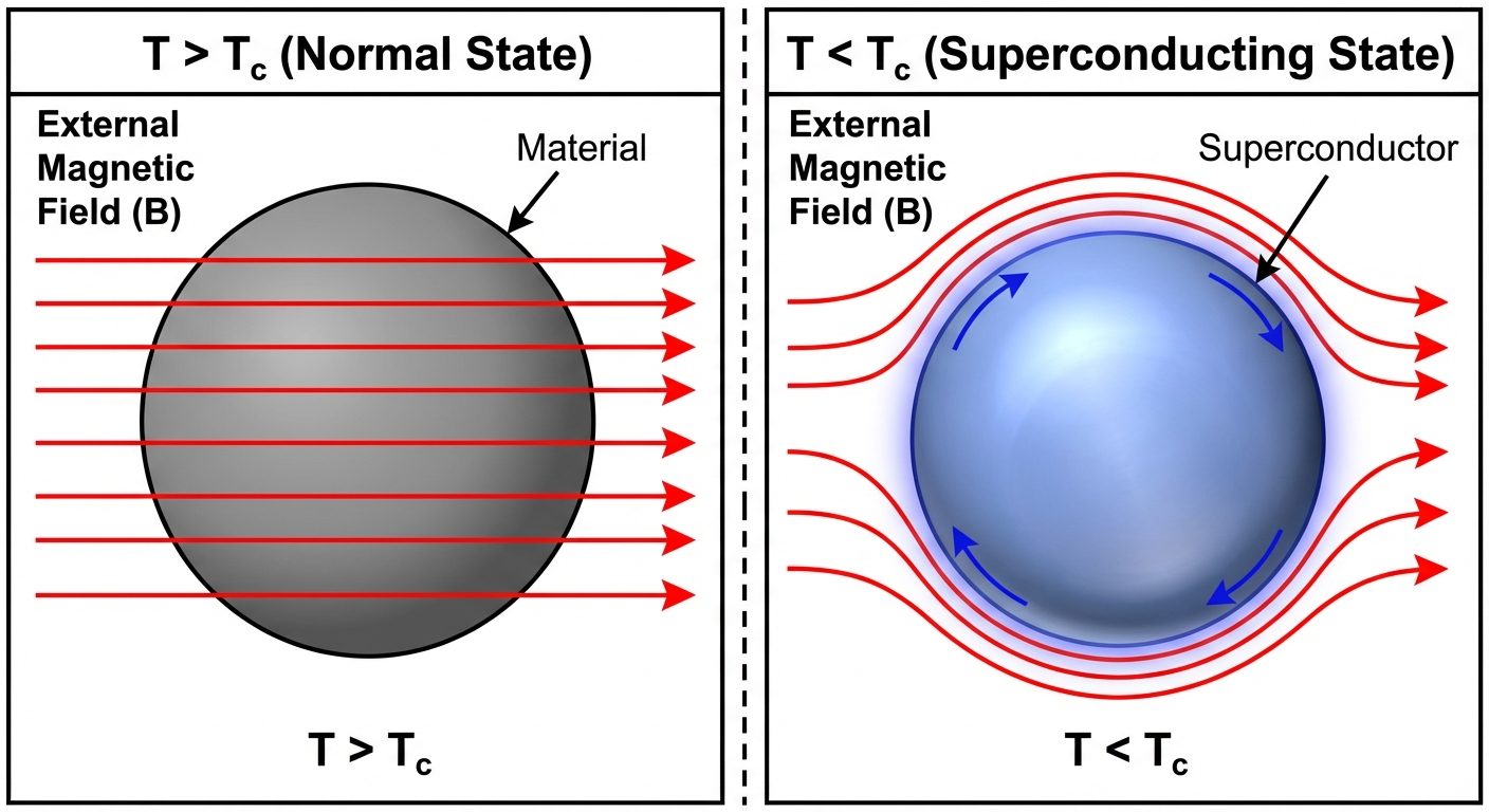 A physics diagram illustrating the Meissner Effect. The image is split into two states: "T > Tc (Nor...