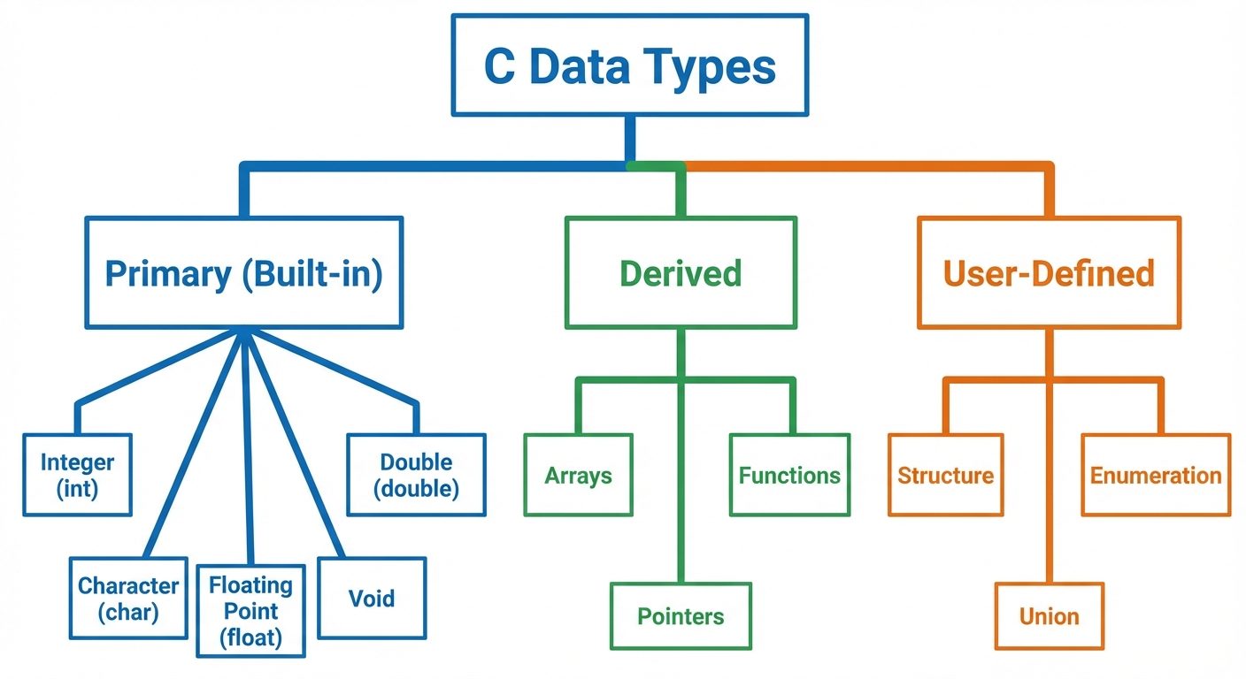A comprehensive tree hierarchy diagram titled "C Data Types". The root node splits into three main b...