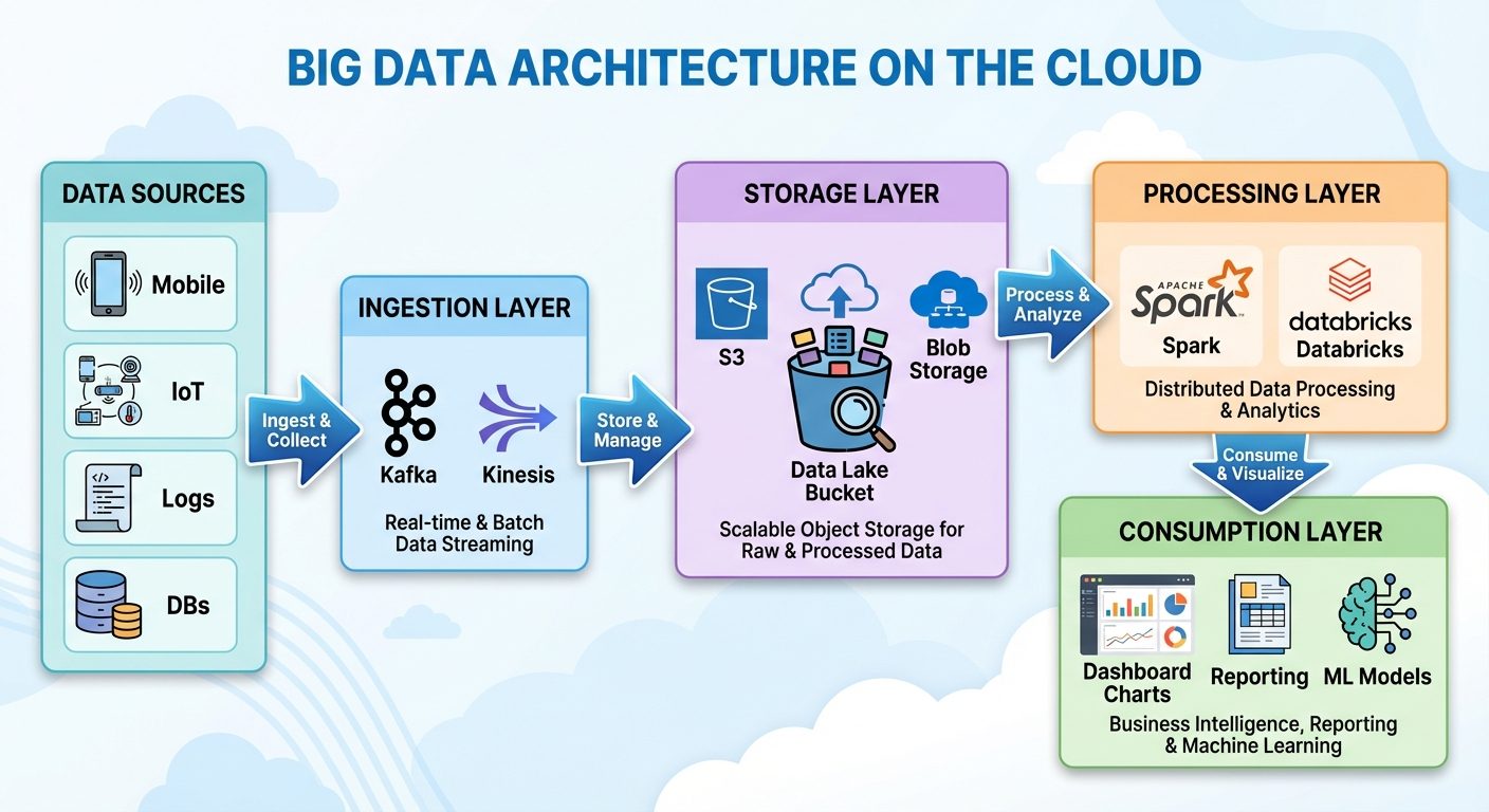 A block diagram illustrating "Big Data Architecture on the Cloud". The diagram should flow from left...