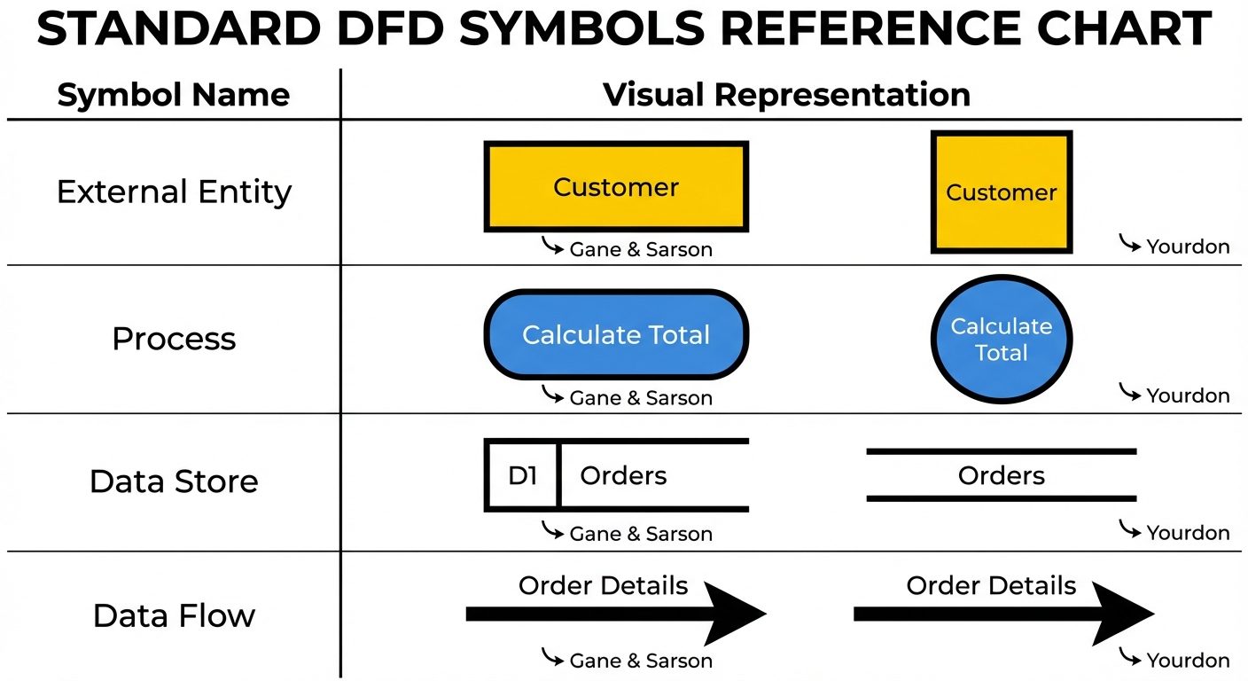 A reference chart displaying the four standard DFD symbols. Create a table-like layout with two colu...