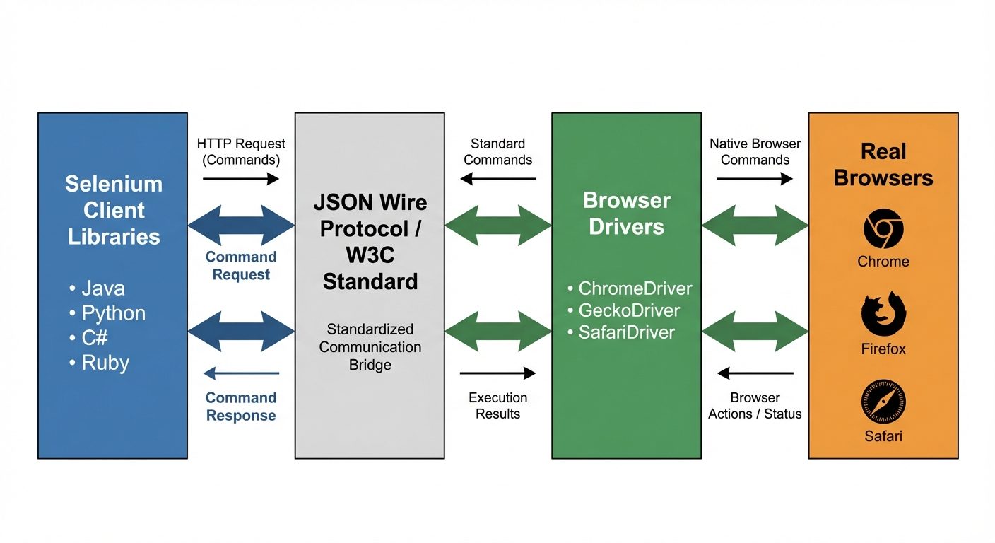 A block diagram showing the Selenium WebDriver Architecture. Four main rectangular blocks arranged h...