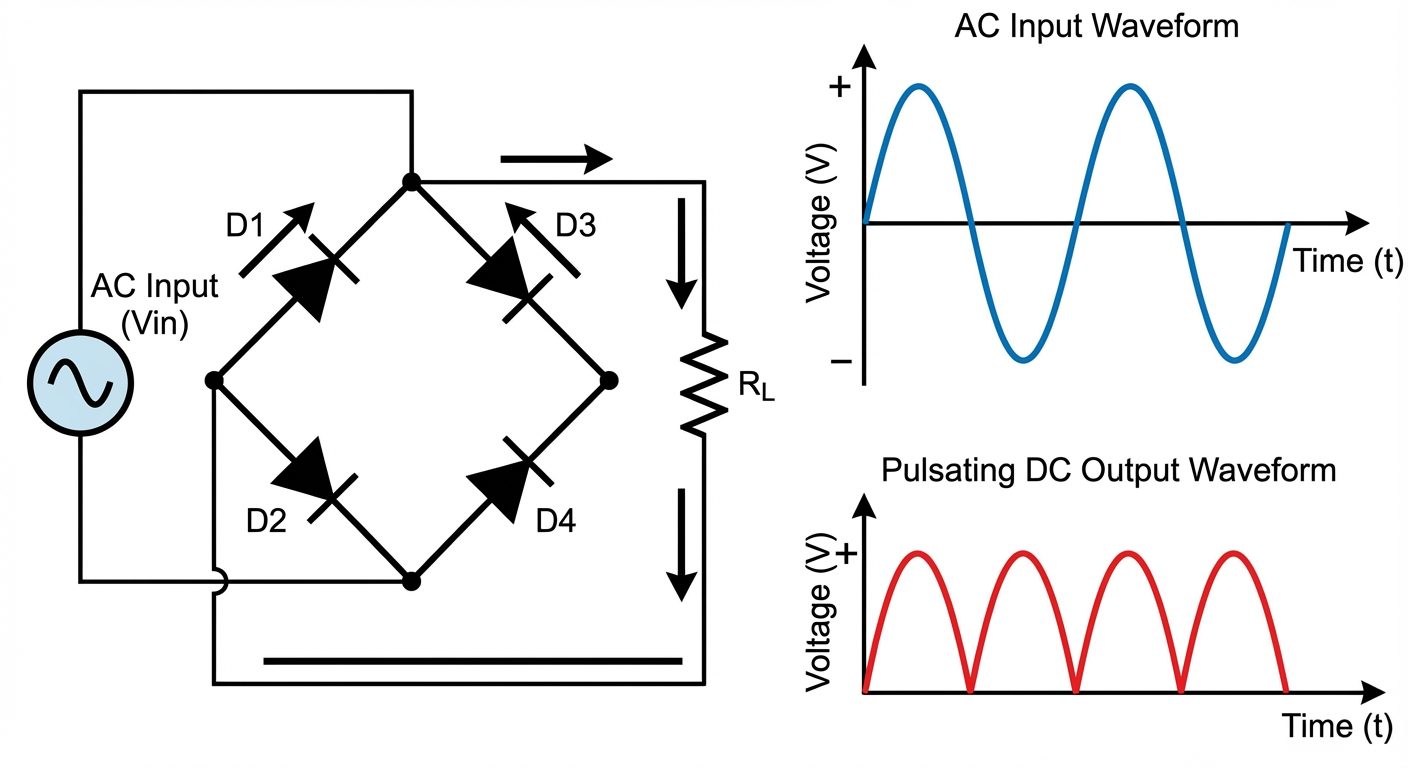 Circuit diagram and waveform illustration of a Full Wave Bridge Rectifier. Left side: AC voltage sou...