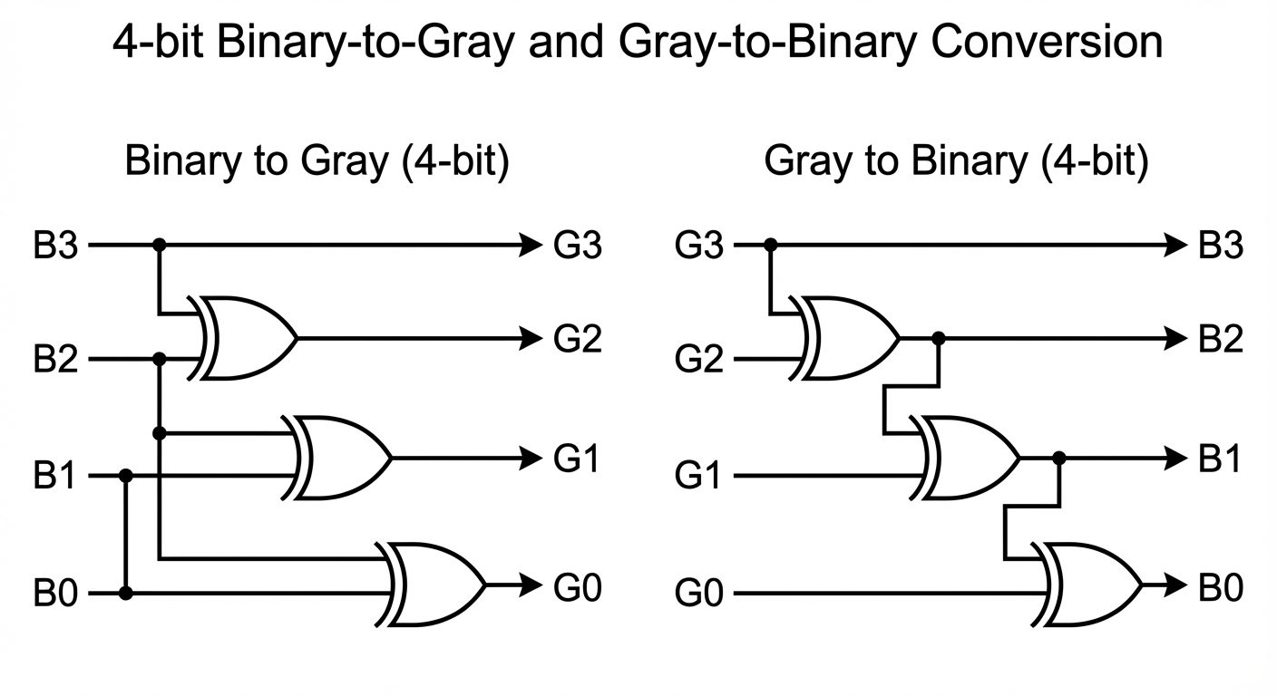 Two logic schematic diagrams placed side-by-side illustrating Binary to Gray and Gray to Binary conv...