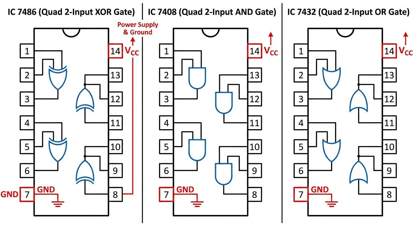 Create a composite technical diagram showing the pinout configurations for three ICs: IC 7486 (XOR),...