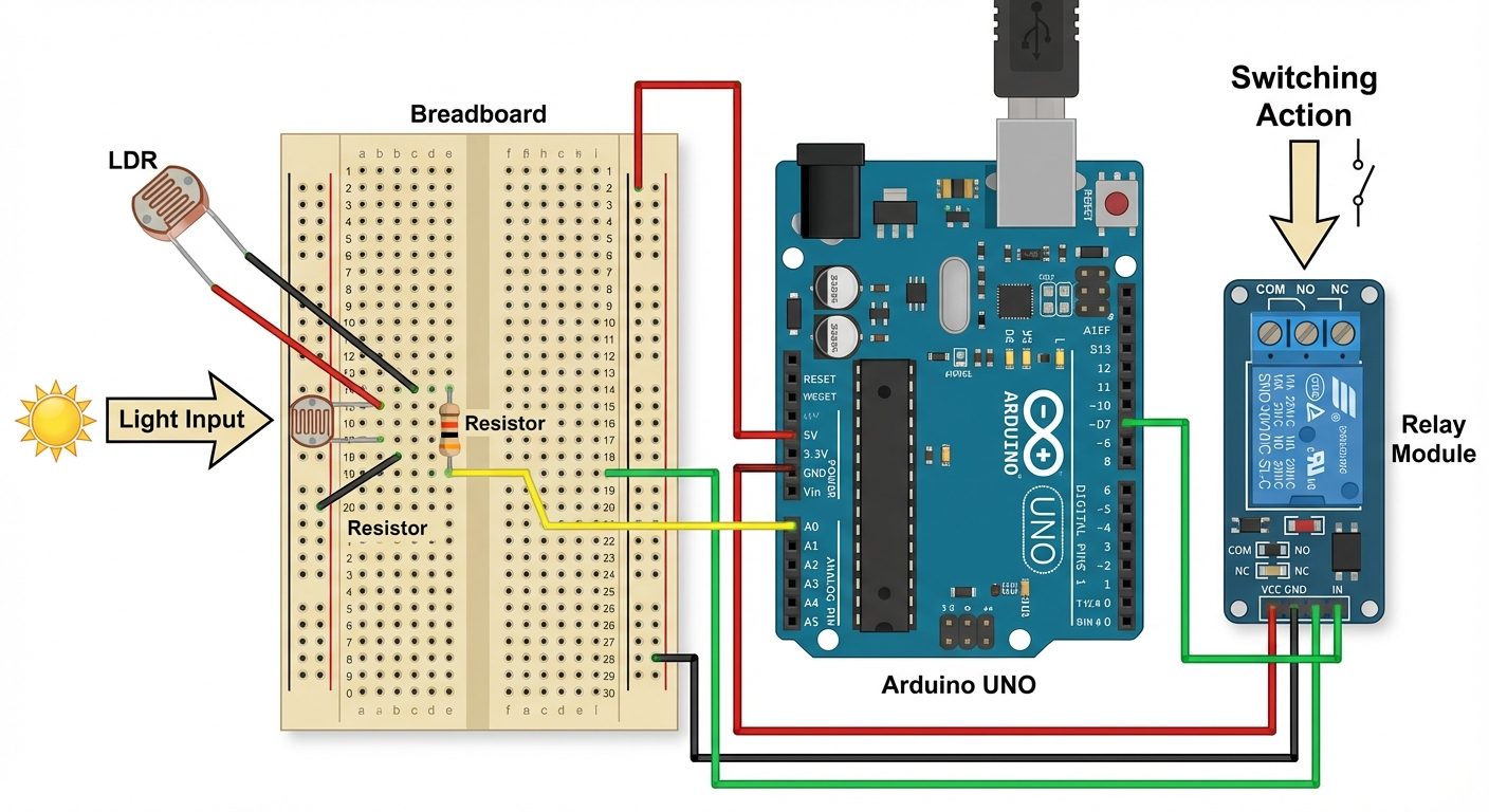 A realistic breadboard layout visualization for the Home Automation experiment. Show a white breadbo...