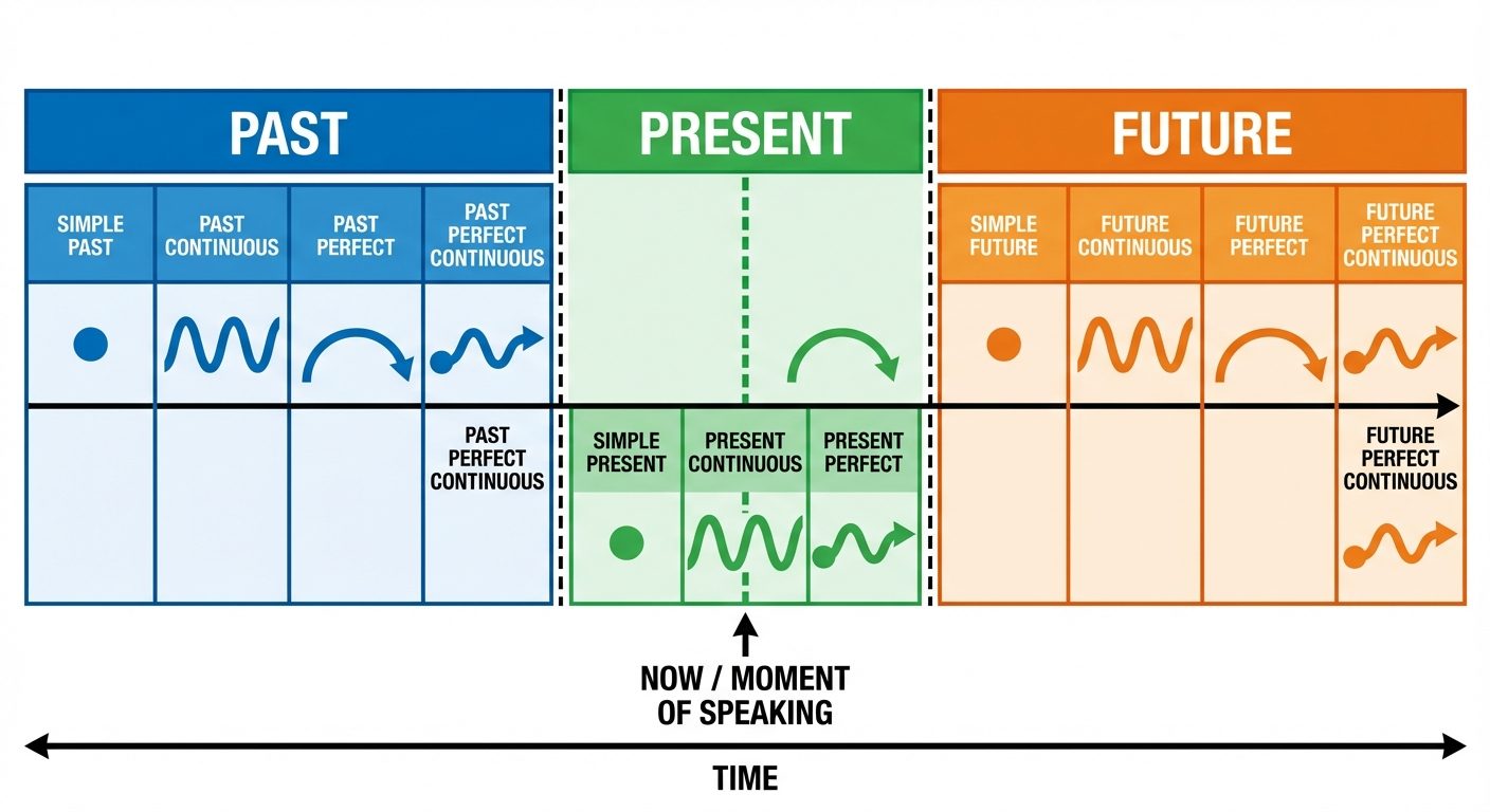 A comprehensive horizontal timeline diagram illustrating the three main time zones: Past (left), Pre...
